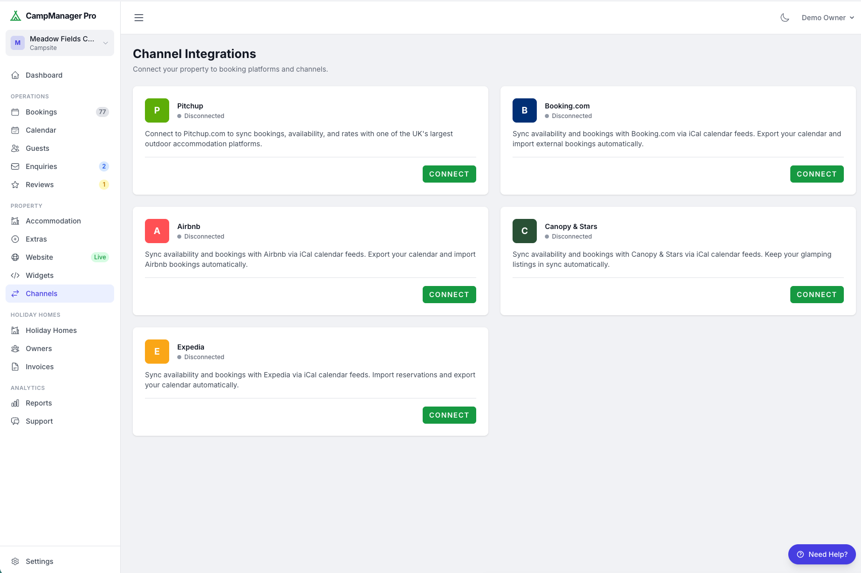 Channel management dashboard syncing Pitchup, Booking.com and Airbnb