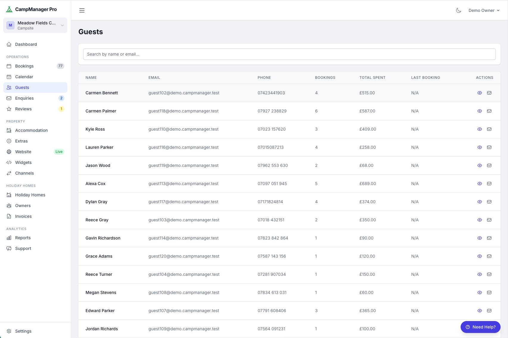 Guest management with profiles, booking history and automated emails